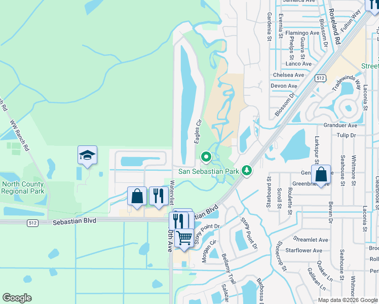 map of restaurants, bars, coffee shops, grocery stores, and more near 1577 Eagles Circle in Sebastian