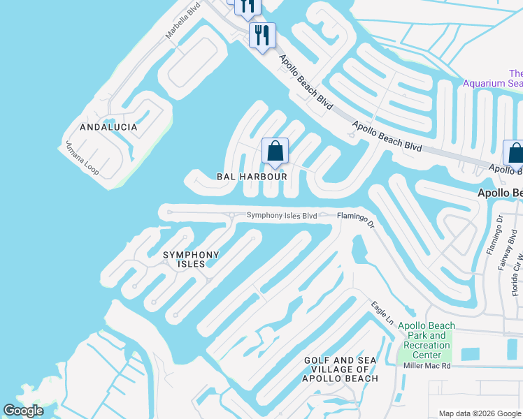 map of restaurants, bars, coffee shops, grocery stores, and more near 861 Symphony Isles Boulevard in Apollo Beach