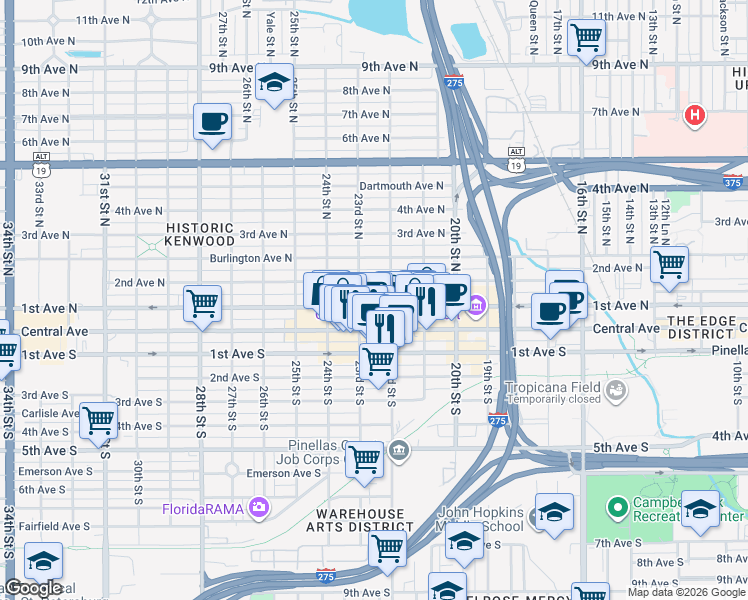 map of restaurants, bars, coffee shops, grocery stores, and more near 2214 2nd Avenue North in St. Petersburg