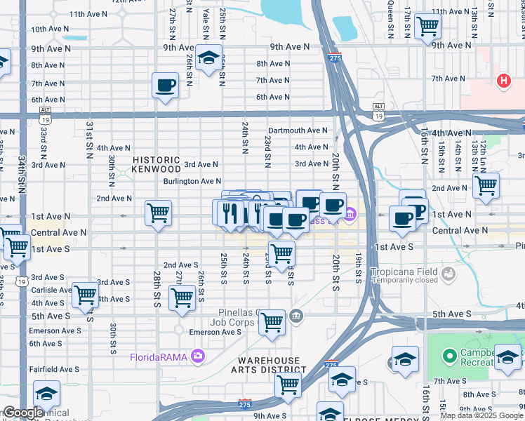 map of restaurants, bars, coffee shops, grocery stores, and more near 2326 2nd Avenue North in St. Petersburg
