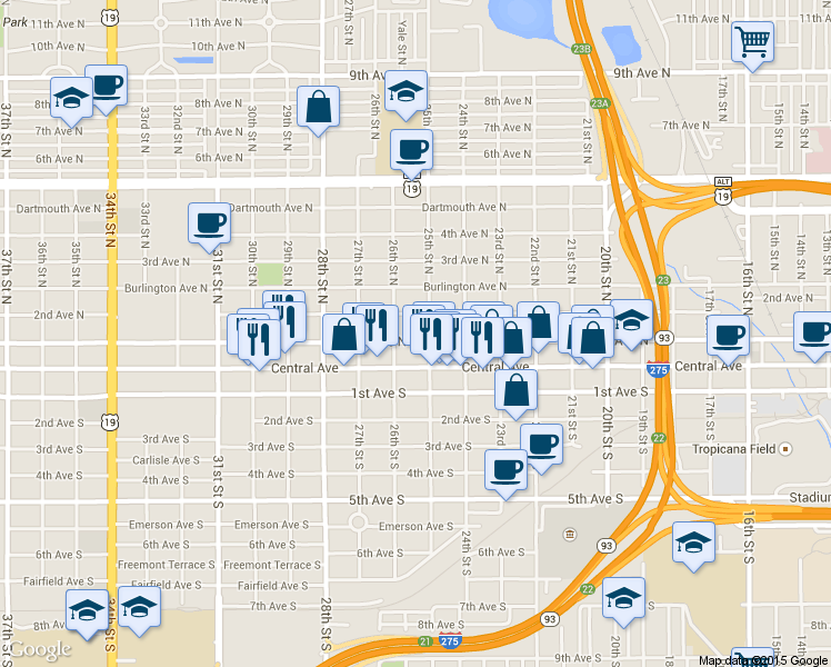 map of restaurants, bars, coffee shops, grocery stores, and more near 2544 2nd Avenue North in St. Petersburg