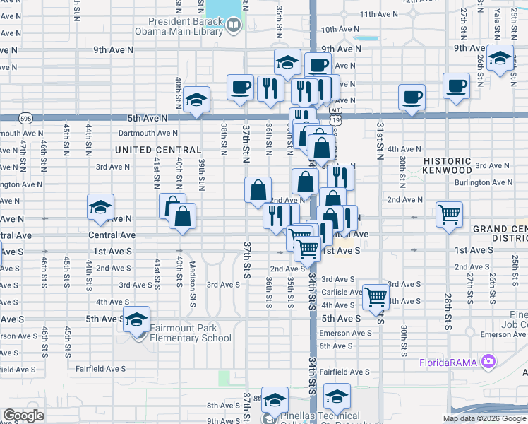 map of restaurants, bars, coffee shops, grocery stores, and more near 3646 2nd Avenue North in St. Petersburg