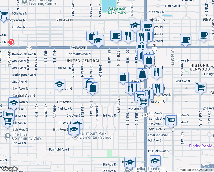 map of restaurants, bars, coffee shops, grocery stores, and more near 3750 2nd Avenue North in St. Petersburg