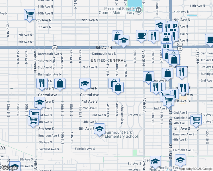 map of restaurants, bars, coffee shops, grocery stores, and more near 4100 2nd Avenue North in St. Petersburg