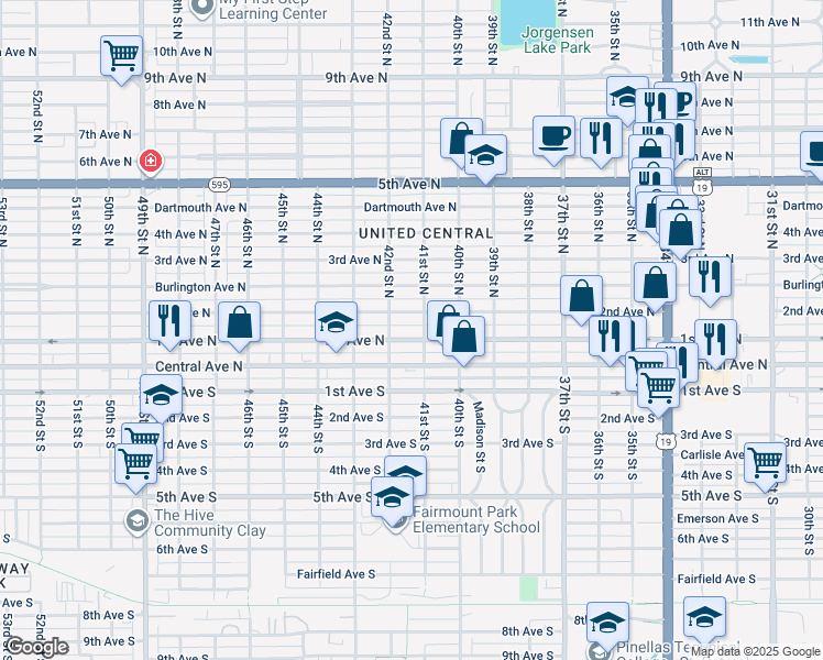 map of restaurants, bars, coffee shops, grocery stores, and more near 4100 2nd Avenue North in St. Petersburg