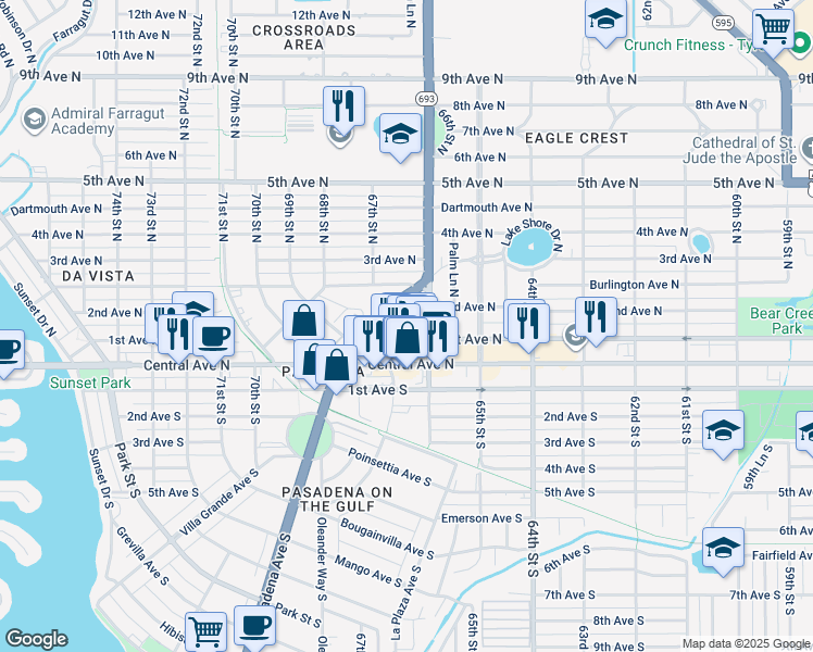 map of restaurants, bars, coffee shops, grocery stores, and more near 225 Pasadena Avenue North in St. Petersburg