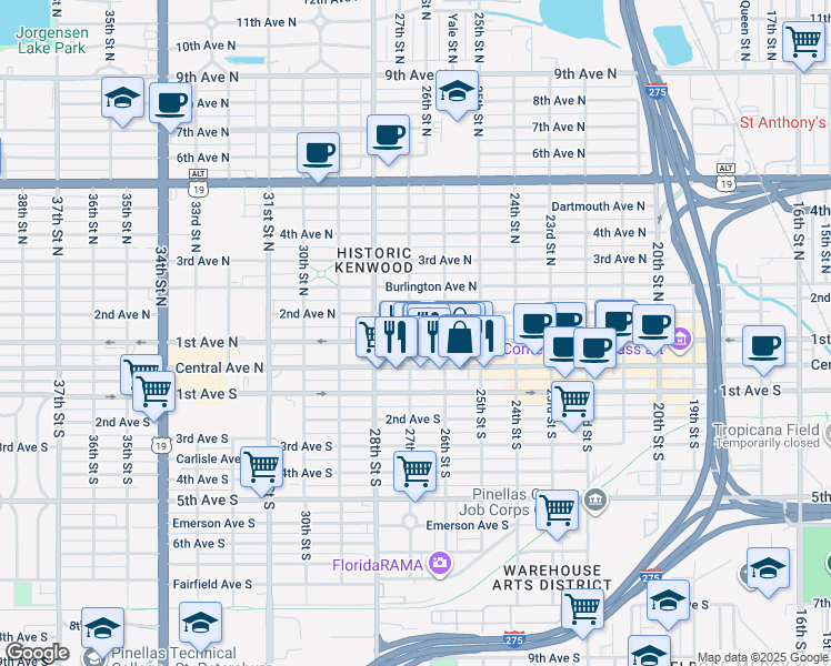 map of restaurants, bars, coffee shops, grocery stores, and more near 2663 1st Avenue North in Saint Petersburg