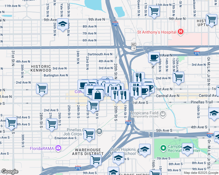 map of restaurants, bars, coffee shops, grocery stores, and more near 125 28th Street North in St. Petersburg