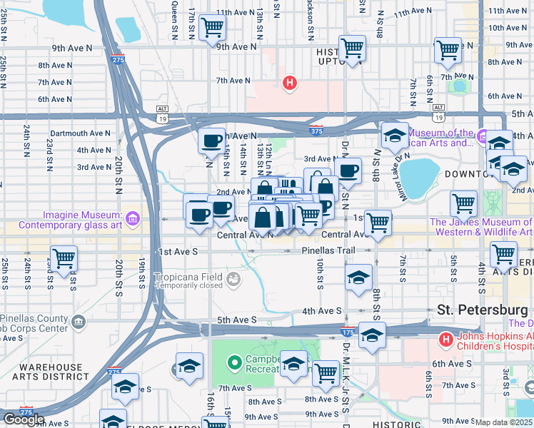 map of restaurants, bars, coffee shops, grocery stores, and more near 1239 Arlington Avenue North in St. Petersburg