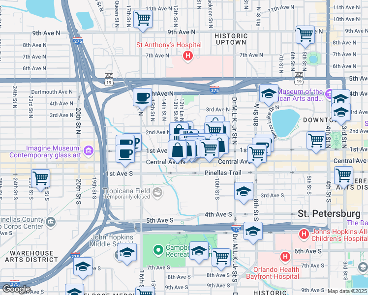 map of restaurants, bars, coffee shops, grocery stores, and more near 1239 Arlington Avenue North in St. Petersburg