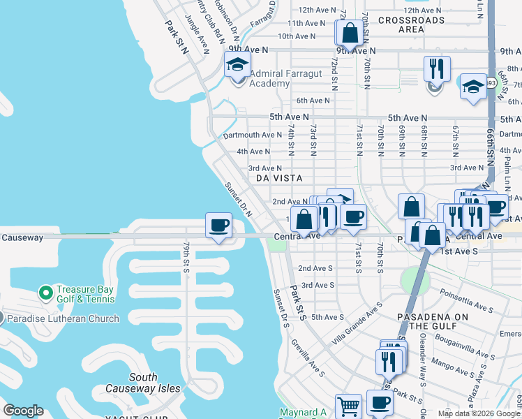 map of restaurants, bars, coffee shops, grocery stores, and more near 200 Park Street North in St. Petersburg