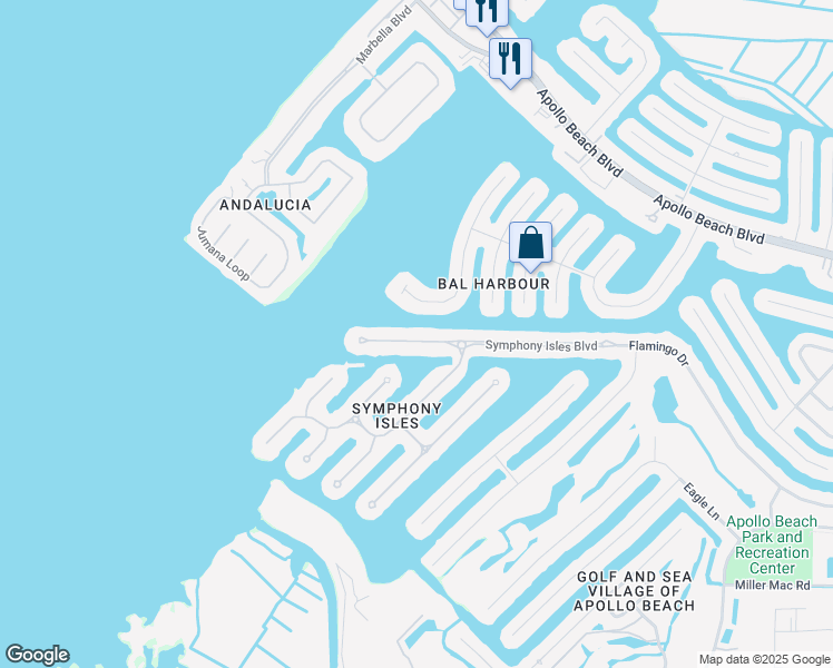 map of restaurants, bars, coffee shops, grocery stores, and more near 1221 Acappella Lane in Apollo Beach