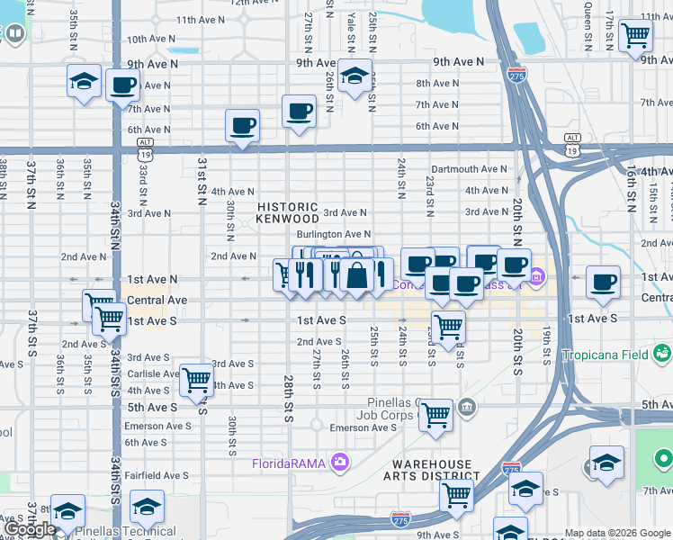 map of restaurants, bars, coffee shops, grocery stores, and more near 2650 2nd Avenue North in St. Petersburg