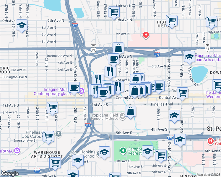map of restaurants, bars, coffee shops, grocery stores, and more near 114 16th Street North in St. Petersburg