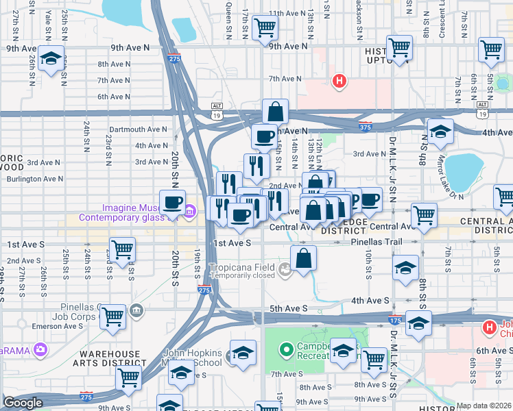 map of restaurants, bars, coffee shops, grocery stores, and more near 105 16th Street North in St. Petersburg
