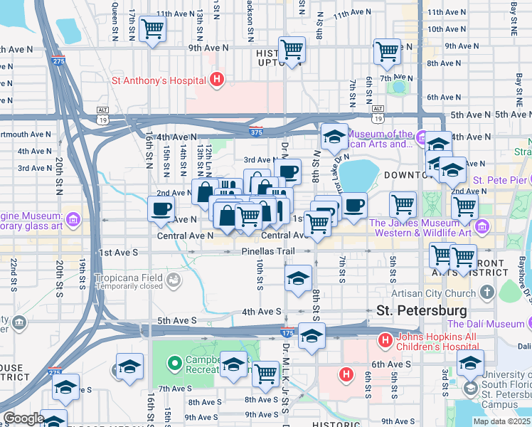 map of restaurants, bars, coffee shops, grocery stores, and more near in St. Petersburg