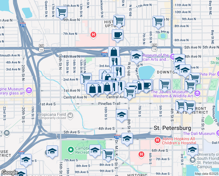 map of restaurants, bars, coffee shops, grocery stores, and more near 913 1st Avenue North in St. Petersburg