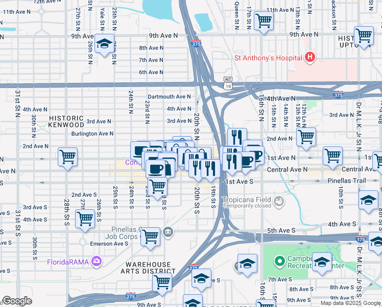 map of restaurants, bars, coffee shops, grocery stores, and more near 125 28th Street North in St. Petersburg