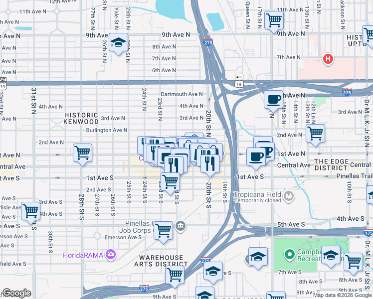 map of restaurants, bars, coffee shops, grocery stores, and more near 2101 1st Avenue South in St. Petersburg