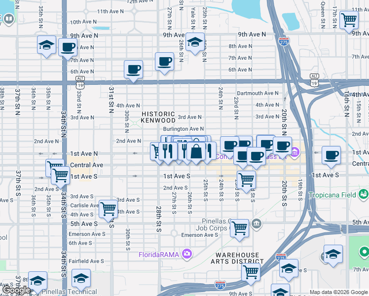 map of restaurants, bars, coffee shops, grocery stores, and more near 2650 2nd Avenue North in St. Petersburg