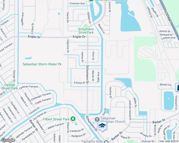 map of restaurants, bars, coffee shops, grocery stores, and more near 1205 Schumann Drive in Sebastian