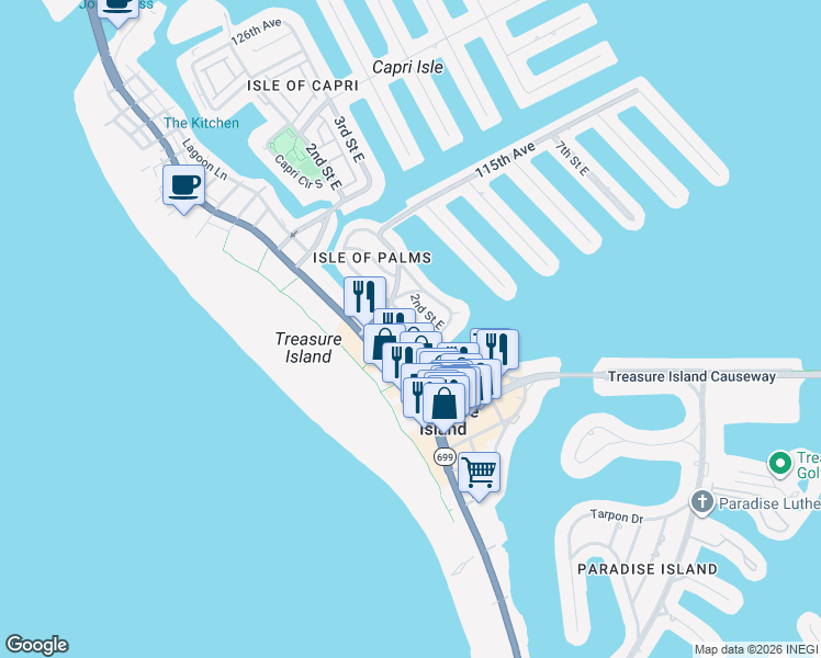map of restaurants, bars, coffee shops, grocery stores, and more near 11110 1st Street East in Treasure Island