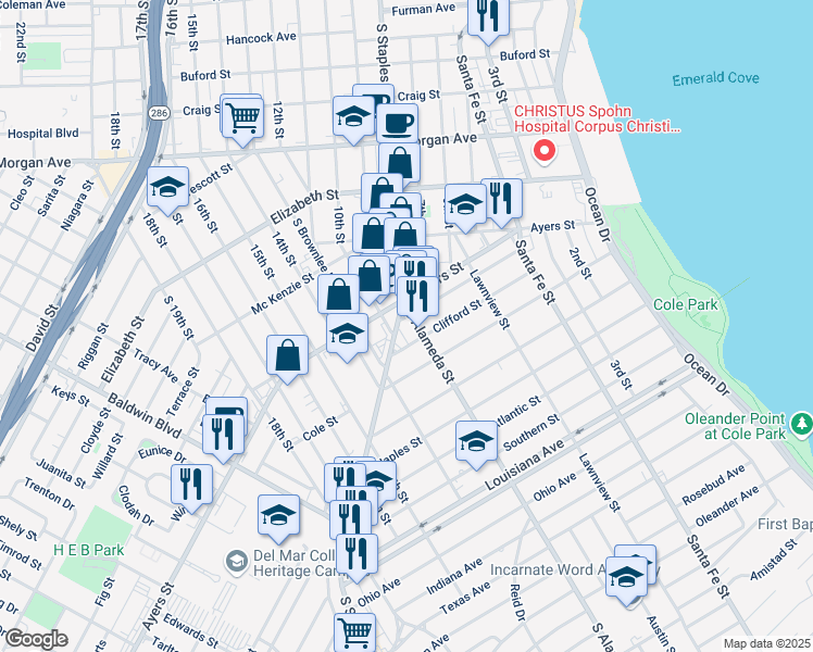 map of restaurants, bars, coffee shops, grocery stores, and more near 1801 South Alameda Street in Corpus Christi