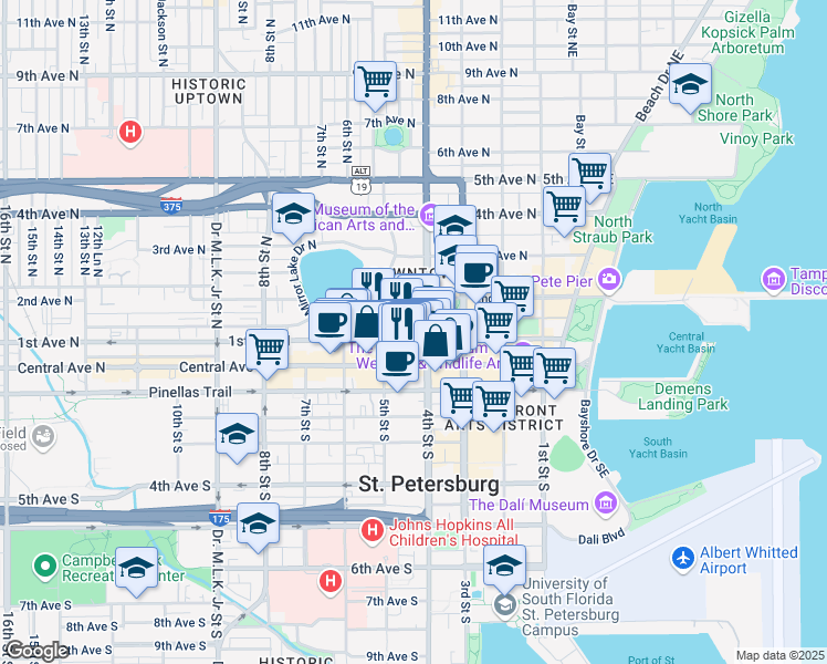 map of restaurants, bars, coffee shops, grocery stores, and more near 437 1st Avenue North in St. Petersburg