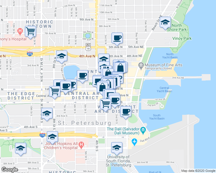 map of restaurants, bars, coffee shops, grocery stores, and more near 299 1st Avenue North in St. Petersburg