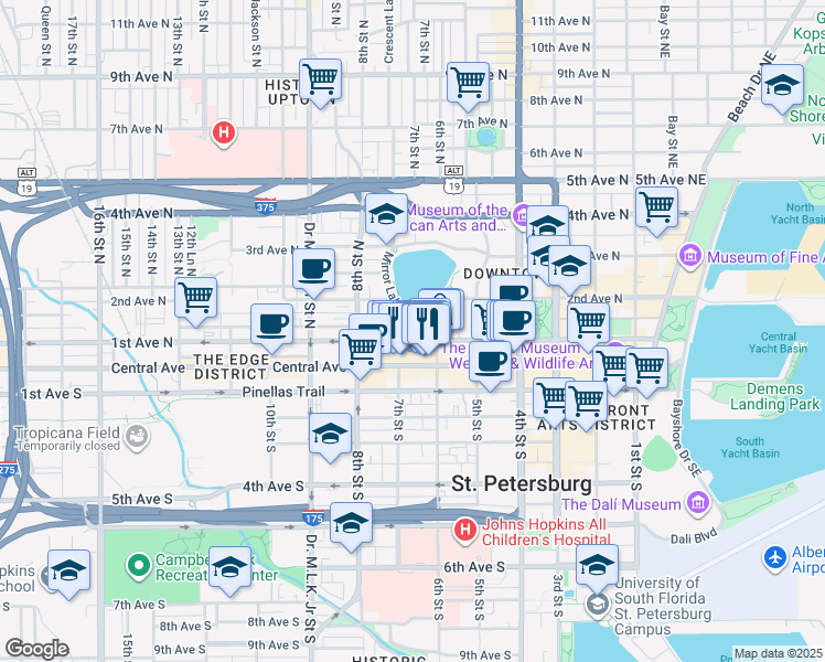 map of restaurants, bars, coffee shops, grocery stores, and more near 647 1st Avenue North in Saint Petersburg