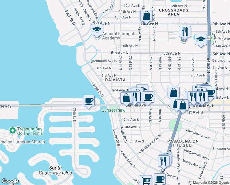 map of restaurants, bars, coffee shops, grocery stores, and more near 7430 2nd Avenue North in St. Petersburg