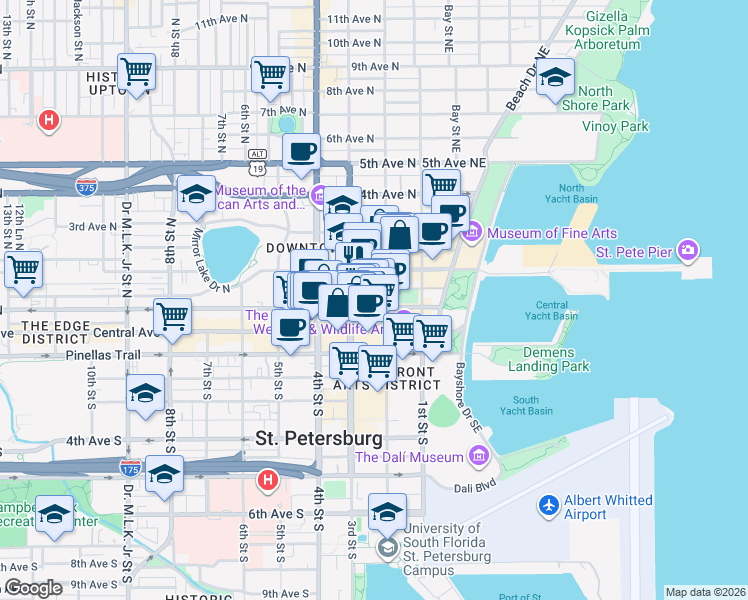 map of restaurants, bars, coffee shops, grocery stores, and more near 299 1st Avenue North in St. Petersburg