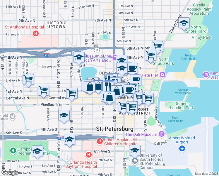 map of restaurants, bars, coffee shops, grocery stores, and more near 437 1st Avenue North in St. Petersburg