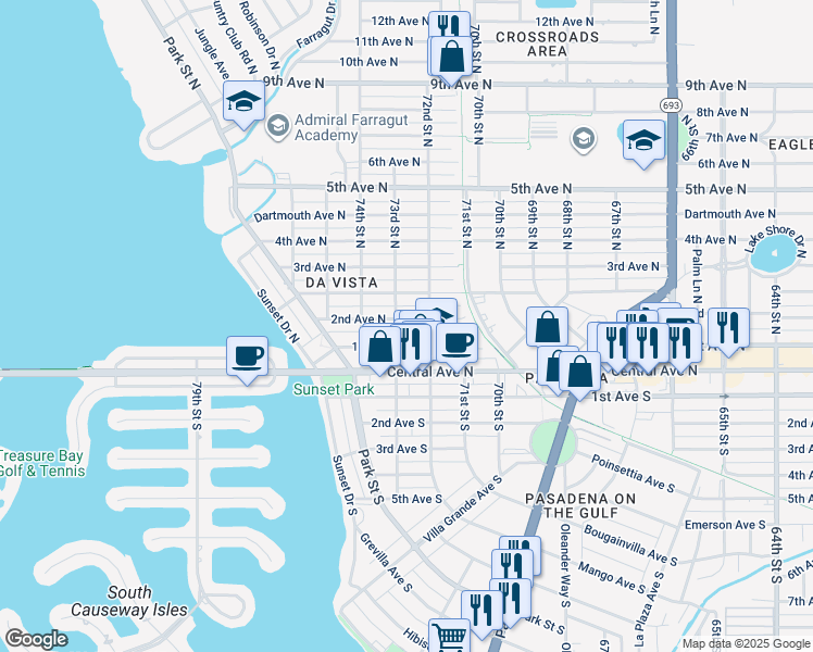 map of restaurants, bars, coffee shops, grocery stores, and more near 7208 2nd Avenue North in St. Petersburg