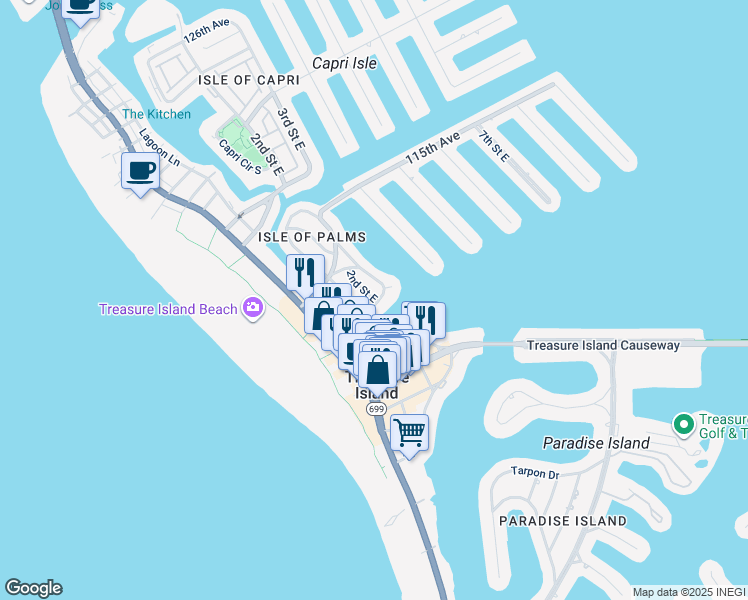 map of restaurants, bars, coffee shops, grocery stores, and more near 245 110th Avenue in Treasure Island