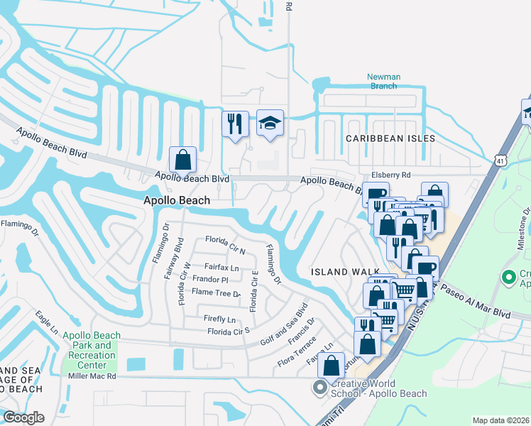 map of restaurants, bars, coffee shops, grocery stores, and more near 6412 Grenada Island Avenue in Apollo Beach