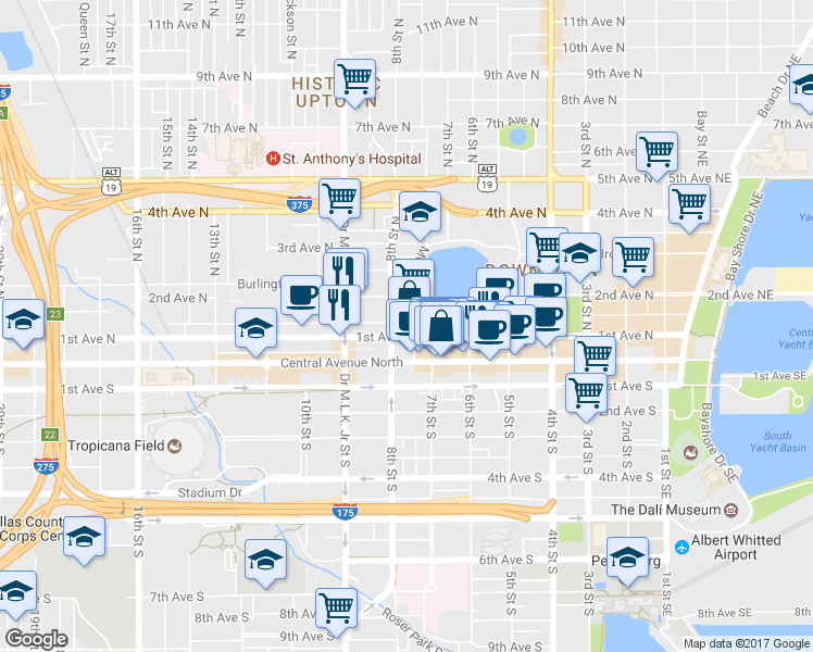 map of restaurants, bars, coffee shops, grocery stores, and more near 114 7th Street North in St. Petersburg