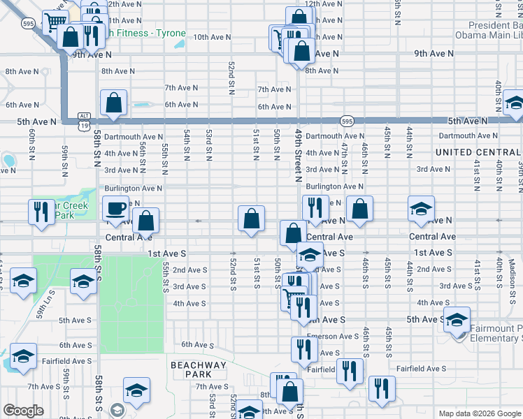 map of restaurants, bars, coffee shops, grocery stores, and more near 150 51st Street South in St. Petersburg