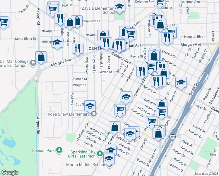 map of restaurants, bars, coffee shops, grocery stores, and more near 2909 Blake Street in Corpus Christi