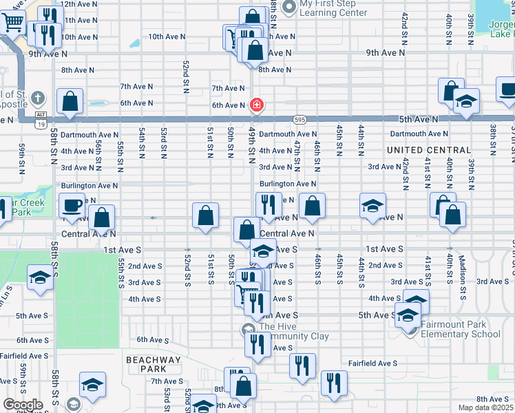 map of restaurants, bars, coffee shops, grocery stores, and more near 125 49th Street South in St. Petersburg