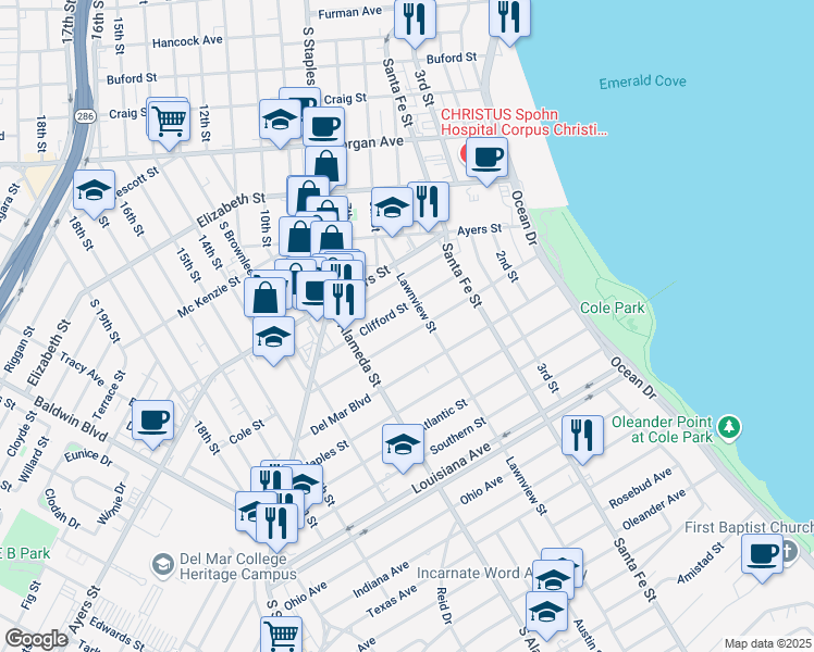 map of restaurants, bars, coffee shops, grocery stores, and more near 416 Cole Street in Corpus Christi