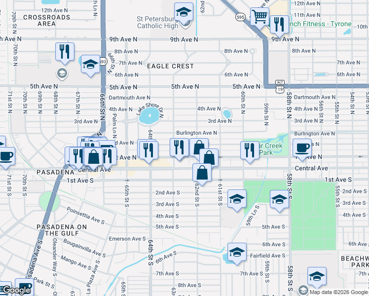 map of restaurants, bars, coffee shops, grocery stores, and more near 6282 2nd Avenue North in St. Petersburg