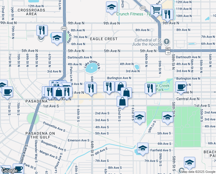 map of restaurants, bars, coffee shops, grocery stores, and more near 6282 2nd Avenue North in St. Petersburg