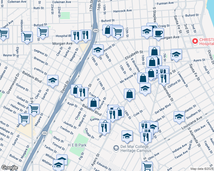 map of restaurants, bars, coffee shops, grocery stores, and more near 1552 18th Street in Corpus Christi