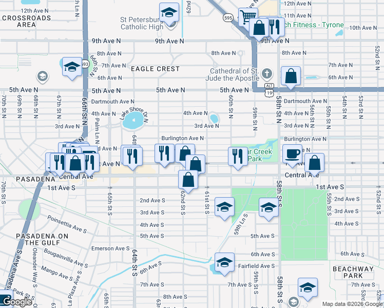 map of restaurants, bars, coffee shops, grocery stores, and more near 6132 2nd Avenue North in St. Petersburg