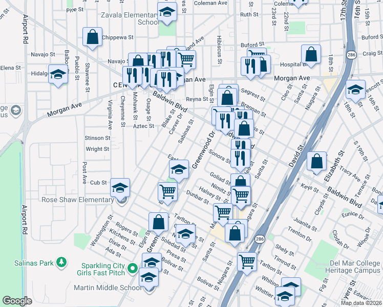 map of restaurants, bars, coffee shops, grocery stores, and more near 2817 Greenwood Drive in Corpus Christi