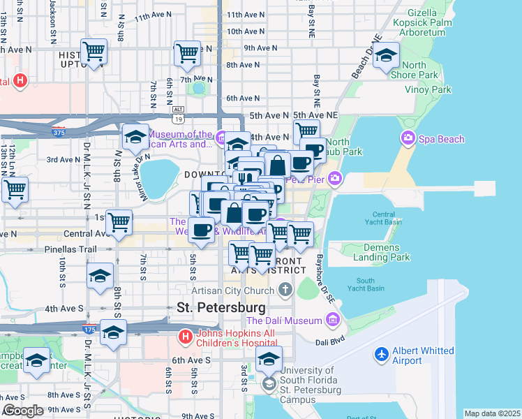 map of restaurants, bars, coffee shops, grocery stores, and more near 225 1st Avenue North in St. Petersburg