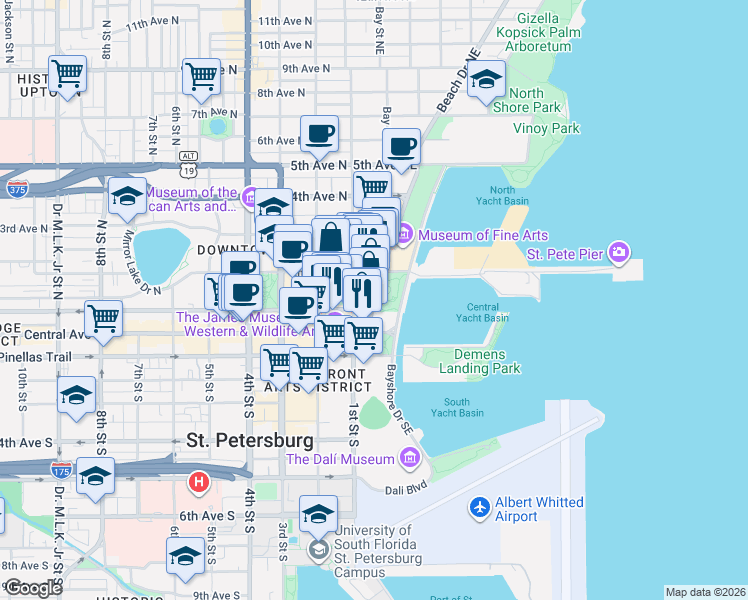 map of restaurants, bars, coffee shops, grocery stores, and more near 123 Beach Drive Northeast in St. Petersburg