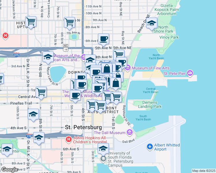 map of restaurants, bars, coffee shops, grocery stores, and more near 117 Sunshine Lane Northeast in St. Petersburg