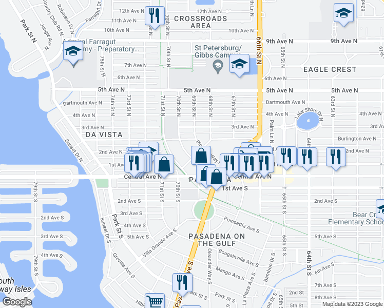 map of restaurants, bars, coffee shops, grocery stores, and more near 120 Orange Avenue North in Saint Petersburg
